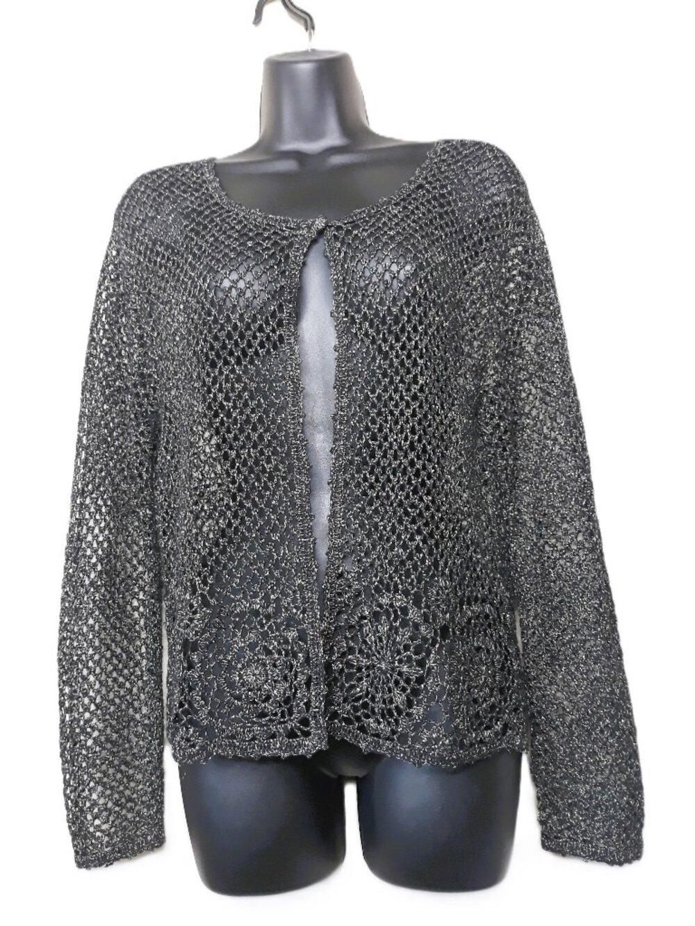 Metallic Green Open Knit Cardigan Sweater Medium